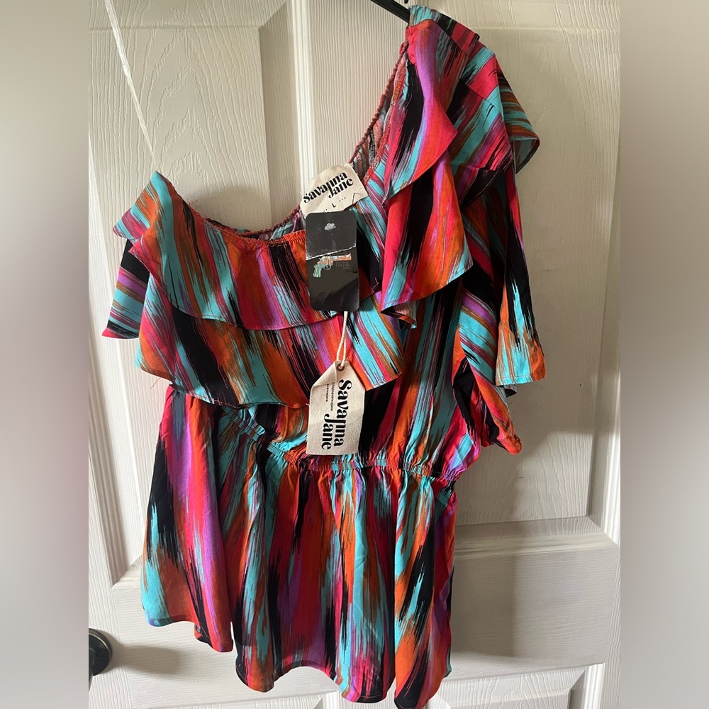 1
Savanna Jane Womens Rayon One Shoulder Top Ruffle Peplum Size L New